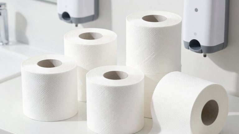 Stack of sanitary consumables including paper towels and toilet paper