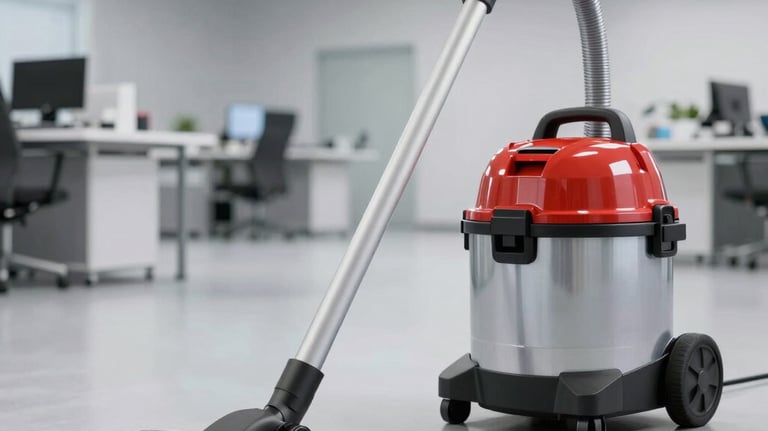 Professional vacuum cleaner and hotel housekeeping cart with towels in a luxury hallway.