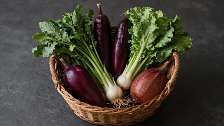 A stylish flat-lay of a Brazilian farmer's market basket with fresh organic produce, shot in a minimalist Scandinavian style, deep carmine red and forest green tones.