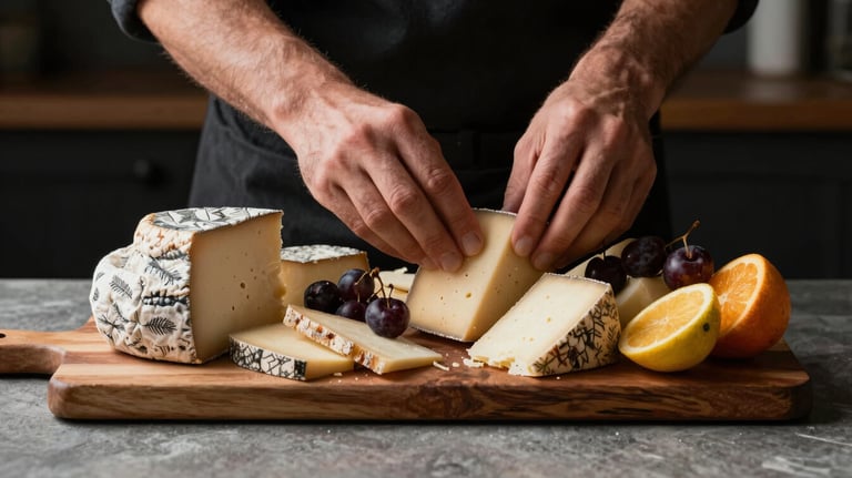 Hands of an artisan arranging a charcuterie board with local South American cheeses and fruits, dramatic professional lighting, sophisticated food styling.