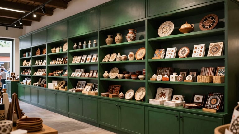 Interior of a modern South American market with artisanal products displayed on dark forest green shelving, elegant and clean architectural lines.