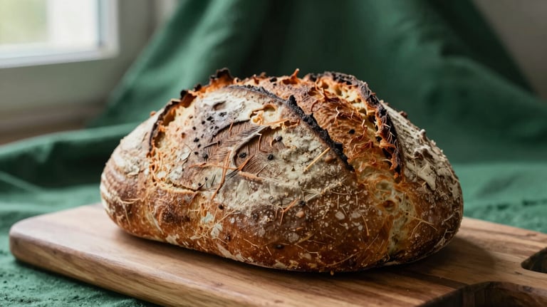 Close-up of a rustic sourdough bread on a wooden board with matte forest green textile background, natural window light, South American bakery setting.