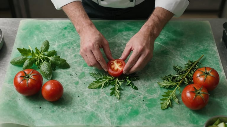 Top-down view of a chef's workstation with fresh herbs and tomatoes on a parchment green surface, clean composition, professional lighting.