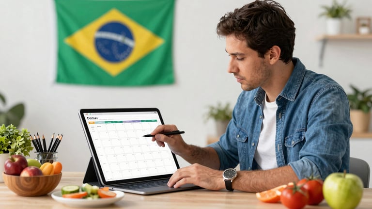 A digital marketing specialist at work in a bright studio, planning a content calendar on a large tablet, surrounded by fresh food props, Brazilian setting.