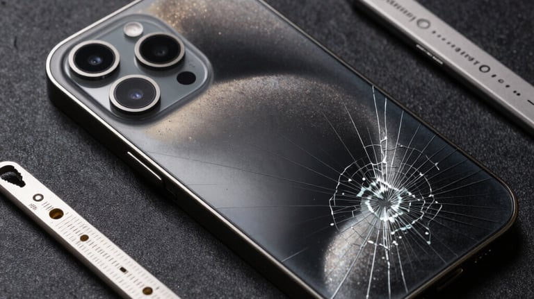 A side-by-side iPhone 15 Pro Max screen replacement comparison of a cracked and repaired display.