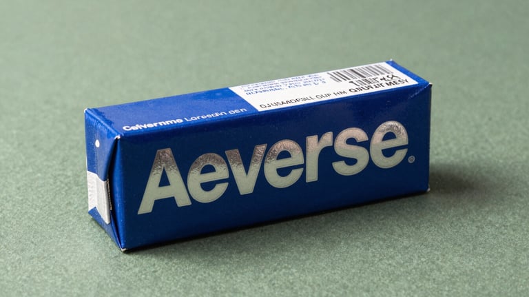 A reverse tuck end carton with vibrant blue and silver foil lettering, resting on a textured sage green background in a high-quality studio setting.