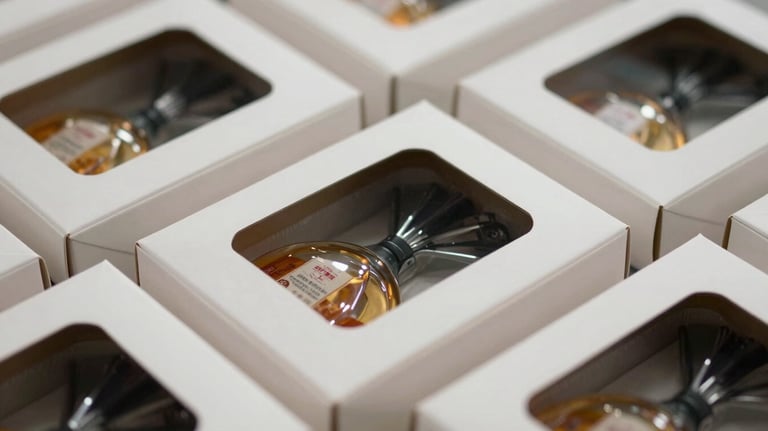 Close-up of high-quality die-cut cartons featuring intricate custom windows, showcasing the precision of the manufacturing process and clear product visibility.