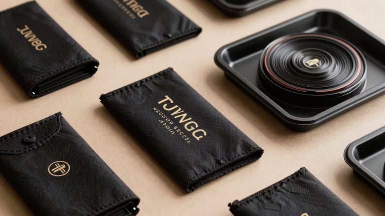 A sleek display of branded sleeves and trays for a gourmet food product, featuring high-quality photography and elegant typography on premium board.