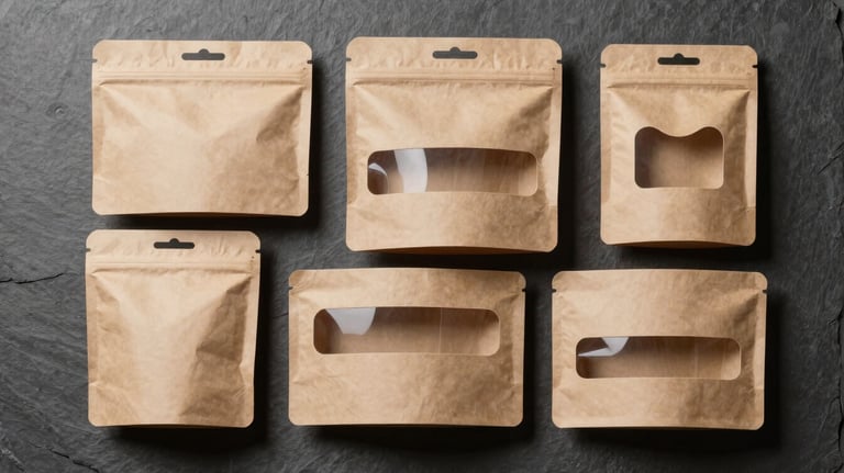 A collection of custom die-cut packaging shapes with unique windows and handles, displayed on a professional slate-colored background to show complexity.