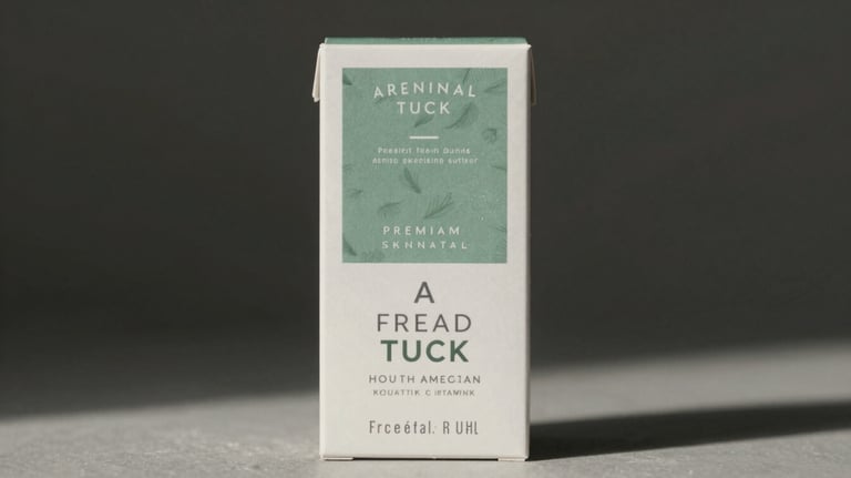 A straight tuck end carton for a premium skincare brand, featuring a minimalist design with sage green and white accents, photographed in a North American / US studio.