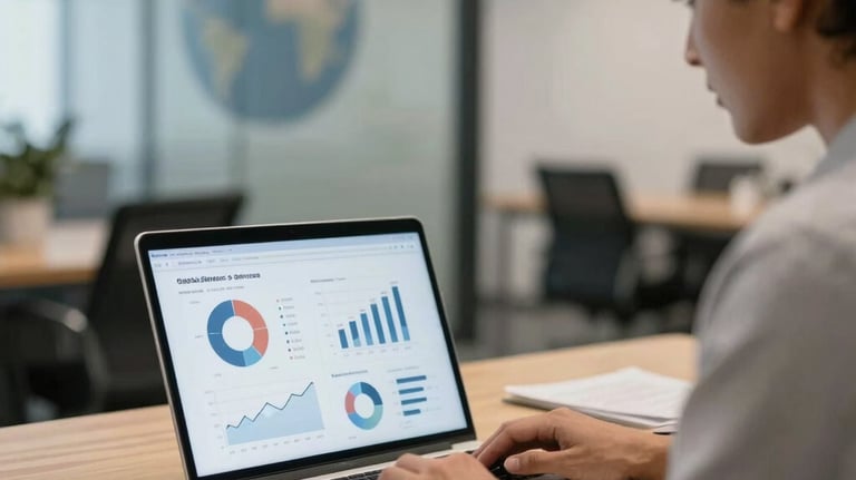 A financial consultant reviewing modern analytics on a laptop screen, clean desk with warm professional desk light, background showing a blurred corporate office in Global (USA, UK, Europe, Gulf) and South Asian style, professional photography.