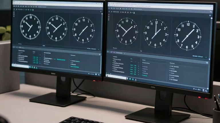 A modern workstation at night, featuring clean dual monitors displaying timezone clocks and system status reports, soft professional glow, corporate-tech style, professional photography.