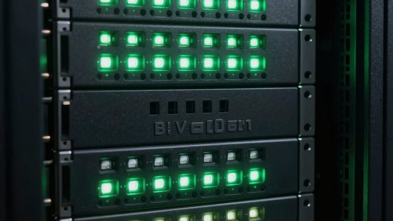 Close-up of a high-tech server rack blinking with clean green and white LED lights, signifying high security, absolute reliability, and fast digital infrastructure, professional technology macro photography.