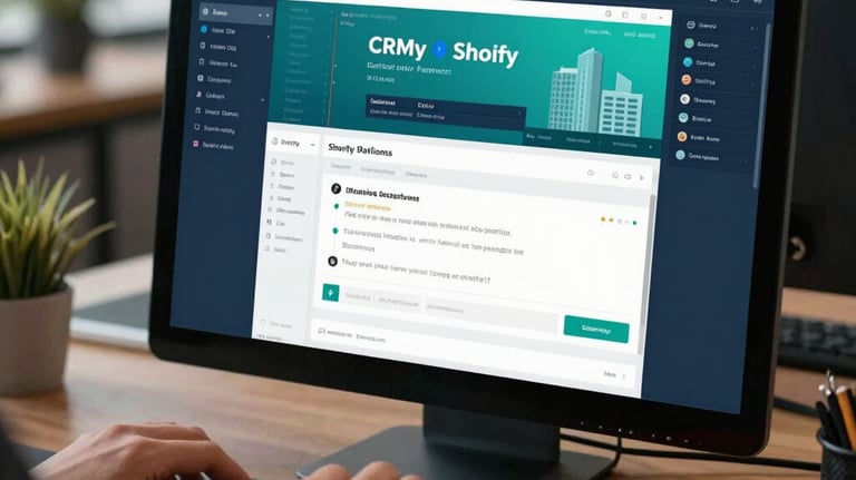 An e-commerce developer configuring CRM and Shopify platforms in a sleek co-working space, showing close-up on hands typing. The screen showcases code and sales analytics in professional lighting with shades of teal and deep blue, set in Global (USA, UK, Europe, Gulf) and South Asian architecture.