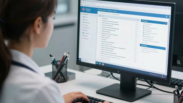 A professional medical billing specialist working diligently in a clean, modern digital office, displaying charts on a computer screen. The lighting is soft clinical blue, demonstrating a corporate-tech environment in Global (USA, UK, Europe, Gulf) and South Asian style.