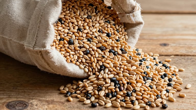 A linen sack spilling over with ancient heritage grains on a rustic tan wooden table, North American artisanal farm aesthetic.