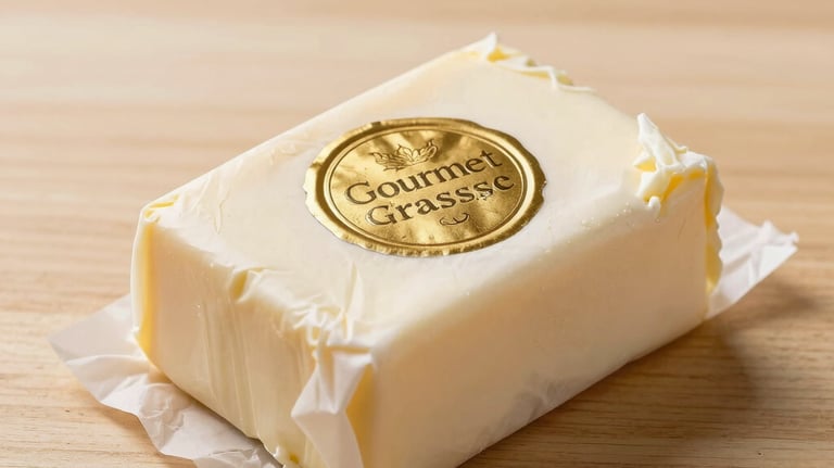 Gourmet grass-fed butter wrapped in wax paper with a gold seal, placed on a light tan wooden surface, high-end culinary photography.