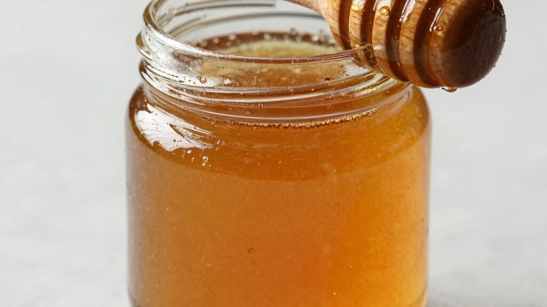 A small jar of wild forest honey with a wooden dipper, back-lit to show the deep golden amber color, elegant and clean.