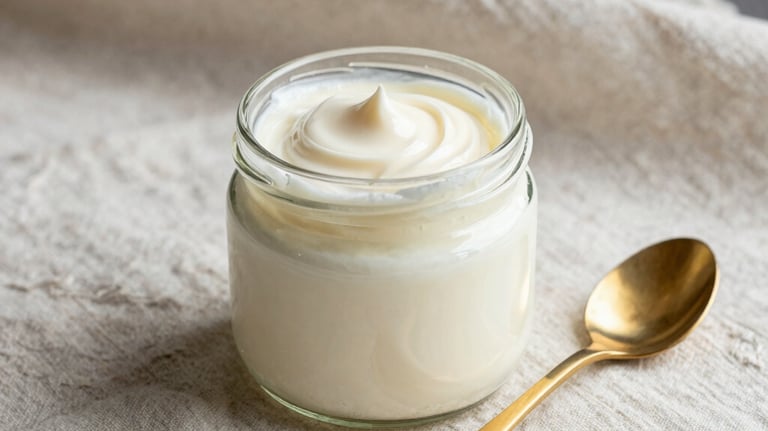 A glass jar of thick, clotted cream sitting next to a gold spoon on a light cream linen cloth, elegant and minimalist composition, focus on texture and purity.