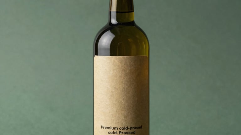 A dark glass bottle of premium cold-pressed oil with a minimalist tan label, standing in soft natural light against a dark sage green background.