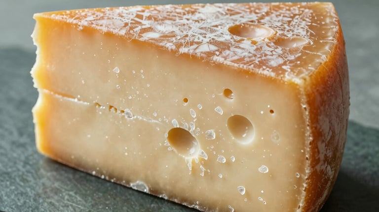 Close-up photography of a block of artisan aged cheddar on a dark sage green stone slab, soft side-lighting highlighting the crystalline texture, North American gourmet style.