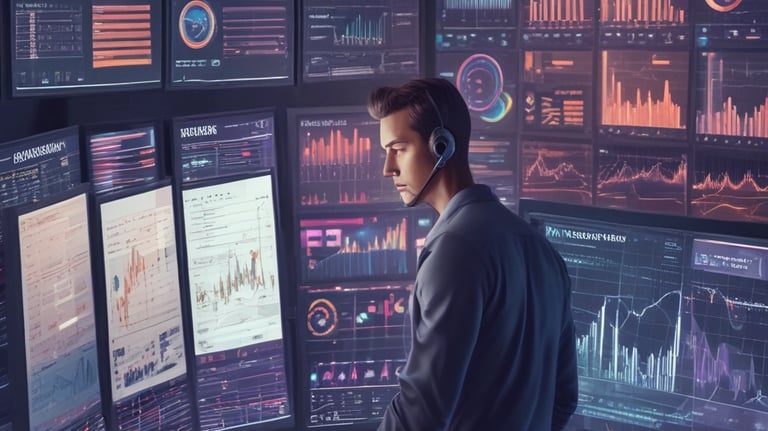 A sleek workspace with multiple monitors displaying complex trading algorithms and market data.