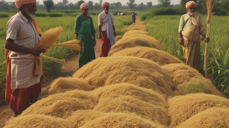 Indian farmers gathering a pile of harvested grain in a rural field during harvest season.