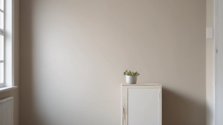 Painter carefully rolling fresh white paint on a living room wall.