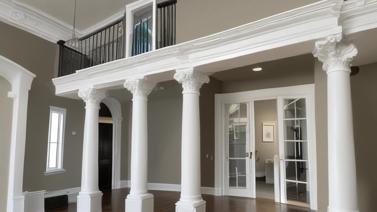 Smiling painter ready with brush and ladder in front of a home.
