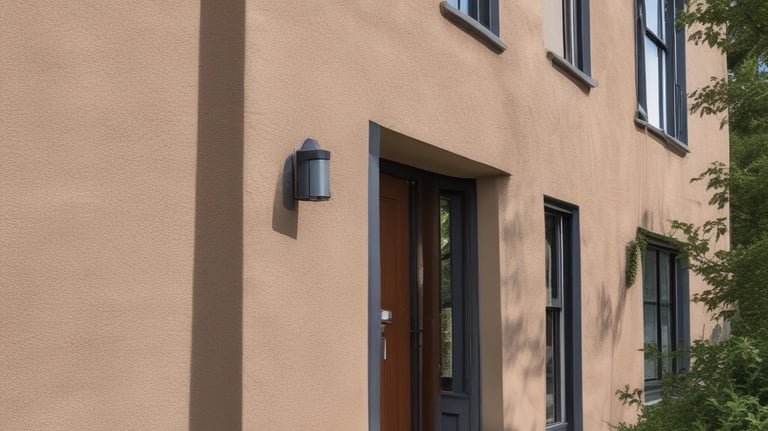 Brightly painted house exterior under a clear blue sky.
