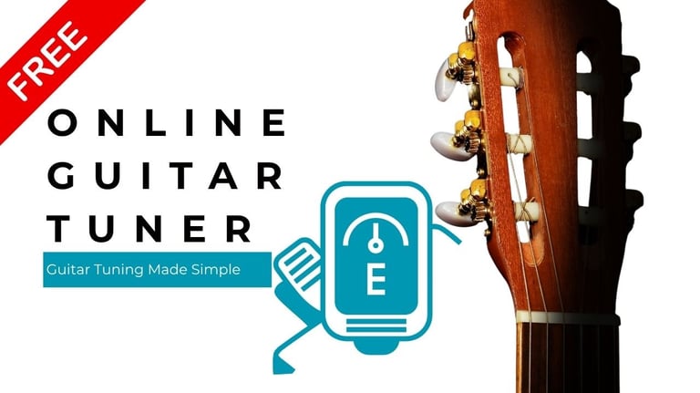 Free online guitar tuner interface showing a headstock and digital tuning needle for easy instrument tuning.