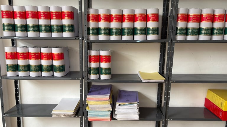 Encuadernacion de protocolo, organizados en estantes metálicos en un archivo de encuadernaciones.