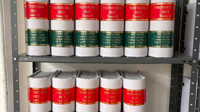 protocolos legal encuadernados en blanco para 2023 almacenados en un estante de metal.