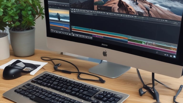 A dynamic video editing workspace with multiple screens.