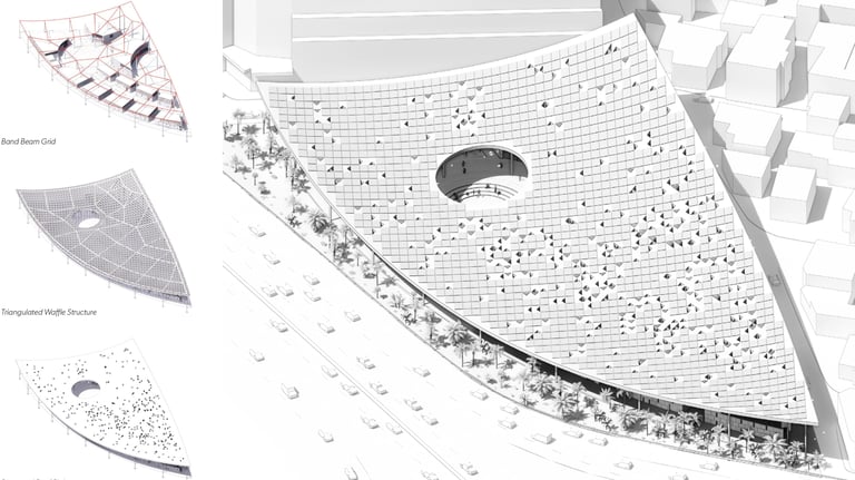 An axonometric drawing of a solar panel covered roof
