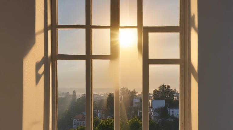 Close-up of a sparkling clean window reflecting sunlight
