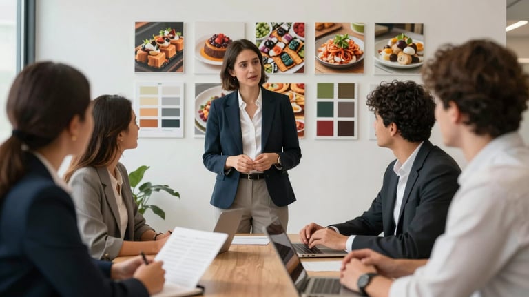 A creative meeting showing a mood board with food textures and color palettes in a Portuguese office. Focus on professional collaboration.