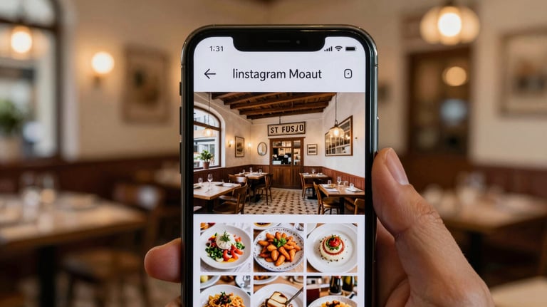 A close-up of a smartphone screen showing an aesthetically pleasing Instagram feed of a Portuguese restaurant. Hand-held, blurred restaurant background.