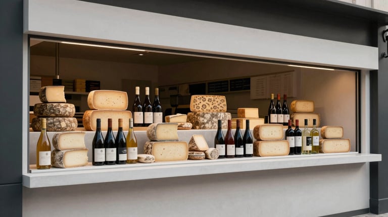 An overhead shot of a modern food market stall in Portugal, minimalist design, clean lines, featuring artisanal cheeses and wines. Style is clean and sophisticated.