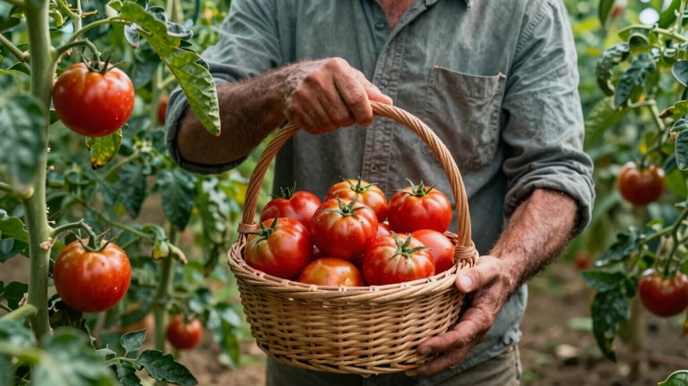 A Portuguese farmer showing a basket of ripe tomatoes in a lush field. Natural lighting, vibrant Matte Forest Green foliage and Deep Ripe Crimson fruits.