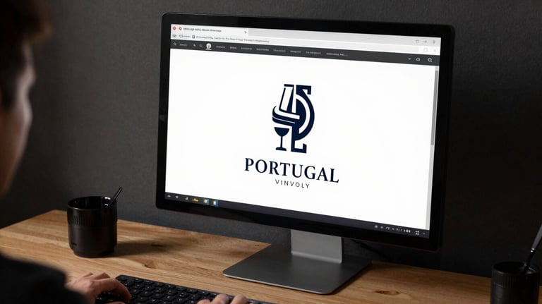 A graphic designer's desk with a professional monitor showing a logo design for a winery. Elegant workspace in Portugal.