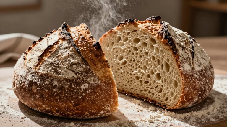 Close-up of a rustic sourdough bread being sliced in a Portuguese bakery. Warm sunlight, flour dust in the air, earthy tones of Deep Brown and Crisp Parchment.
