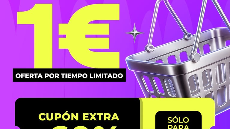 Promotional banner offering items under 1 Euro with a 60 percent extra discount coupon for new users.