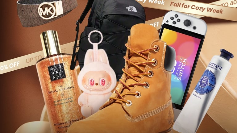 Trending brands sale featuring Timberland boots, Nintendo Switch, North Face backpack, and Michael Kors belt.