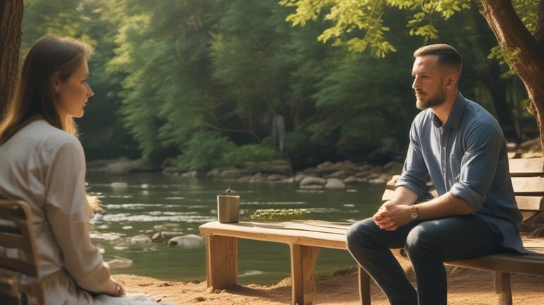 A counselor gently listening to a client in a peaceful setting