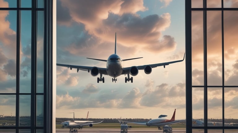 A sleek black car waiting outside a London airport terminal.