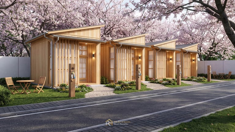 Fasad kosan minimalis Japan style kayu Hinoki dengan taman Sakura rimbun dan jalan aspal yang bersih