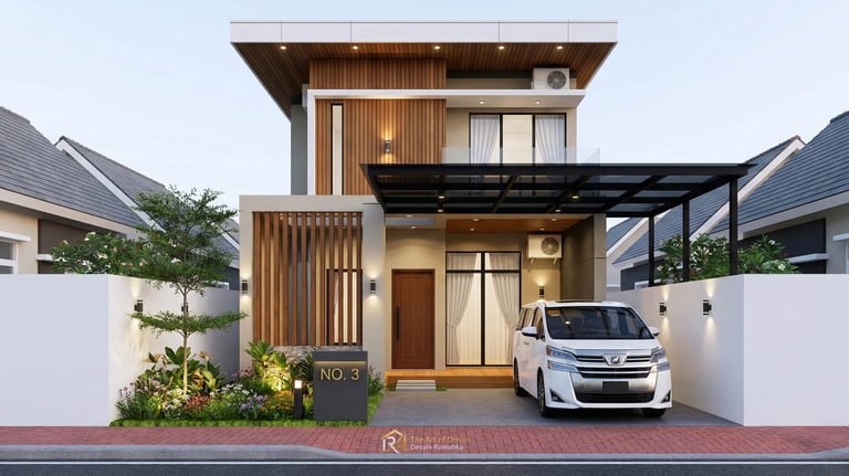 Tampak depan desain rumah minimalis modern 2 lantai dengan fasad kayu, taman depan, dan mobil putih 