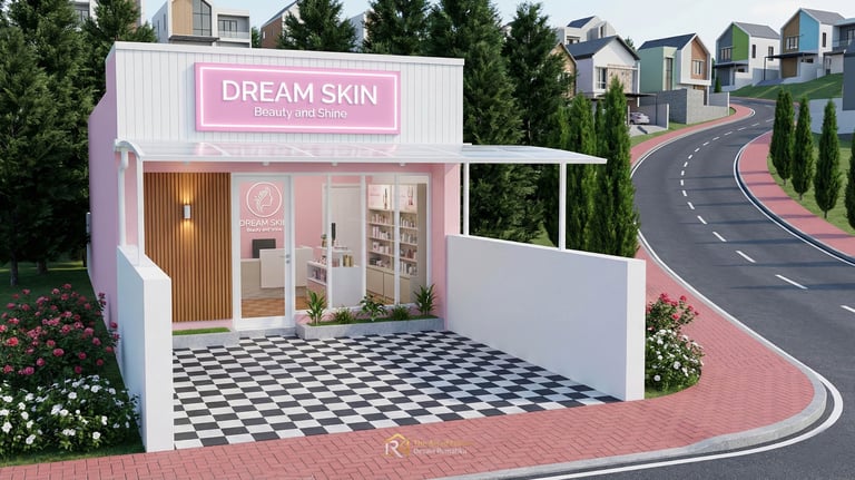 Tampak depan desain klinik kecantikan estetik Dream Skin warna pink dengan teras lantai motif catur.