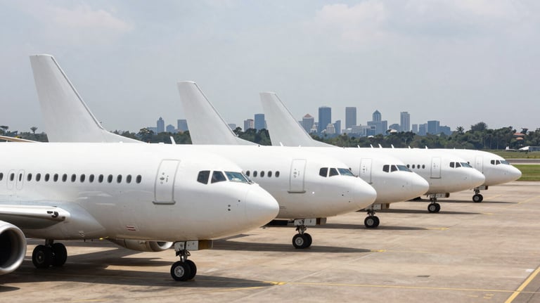 A professional photo of a row of white airplanes parked at Wilson Airport, Nairobi, with the city skyline faintly visible in the distance under a bright sky.